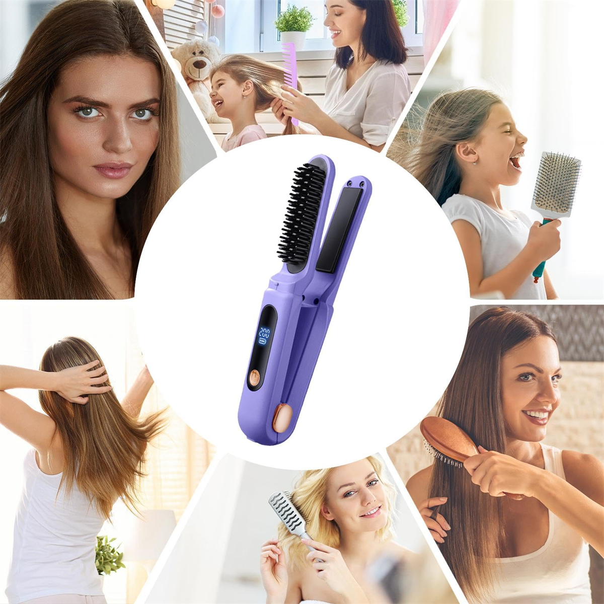 Lila Haarglätter im Zentrum, umgeben von Frauen, die sich die Haare bürsten, verschiedene Haartypen und -stile.