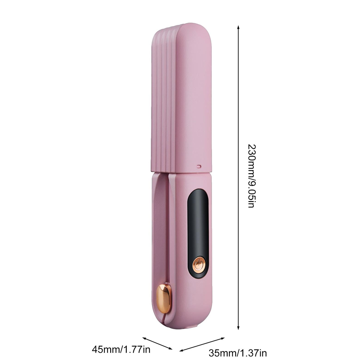 Ein rosa Haarglätter. Er ist geschlossen, mit Abmessungen und einem goldenen Knopf.