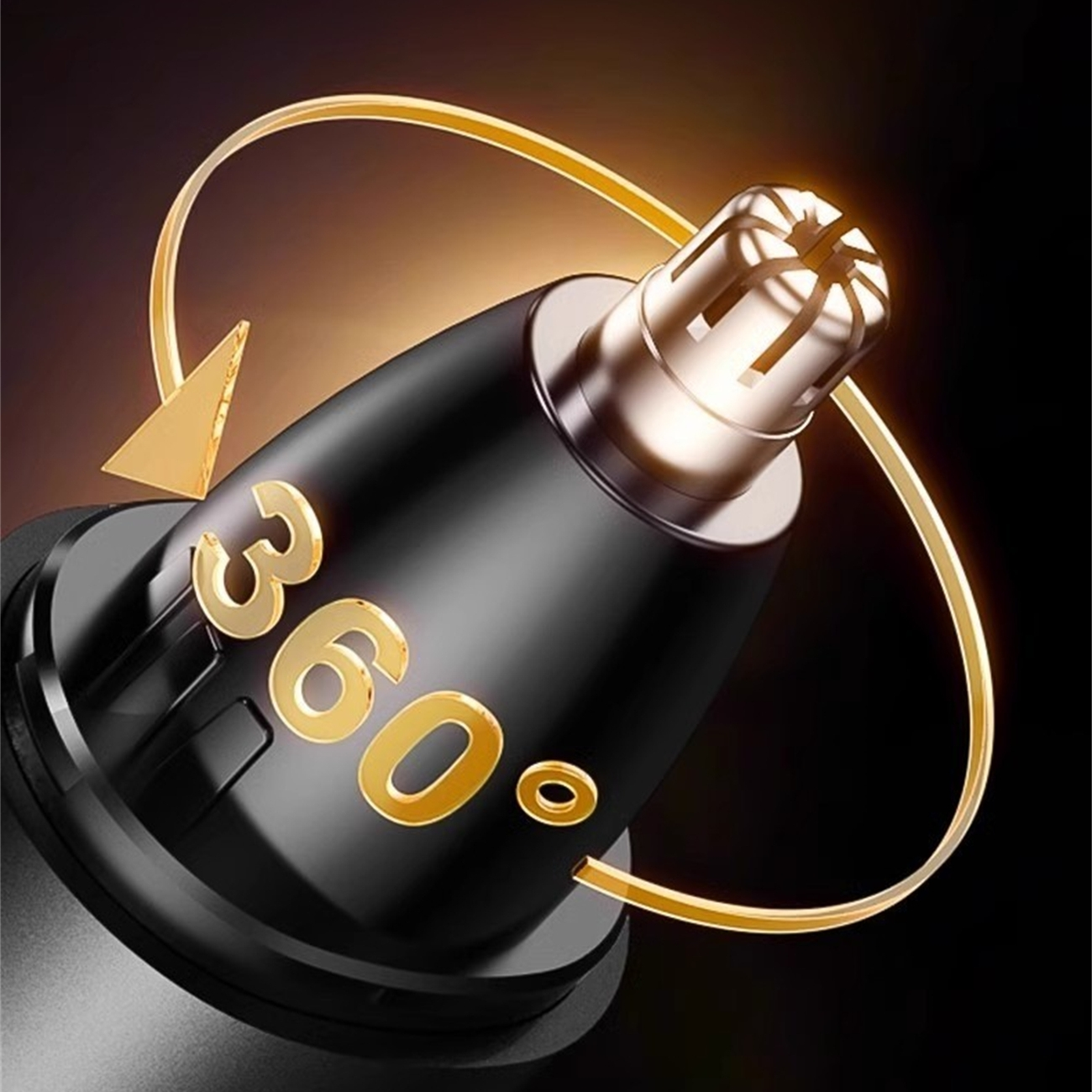 Nahaufnahme eines schwarzen Nasenhaartrimmers mit goldfarbenem 360-Grad-Kreis.