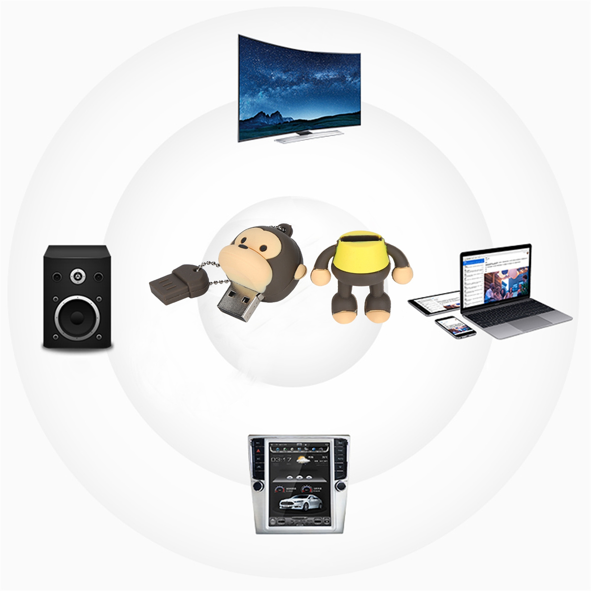 Ein Diagramm, das mehrere Geräte in einem Kreis zeigt, darunter ein Fernseher, ein Lautsprecher und ein USB-Laufwerk.