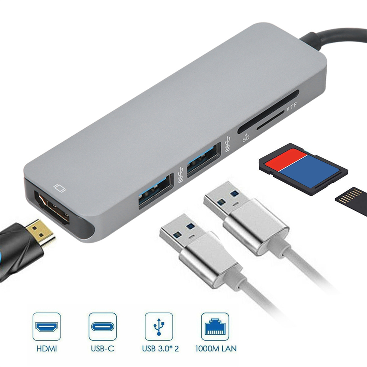 Ein grauer USB-Hub mit HDMI-, USB-C- und USB-Anschlüssen.