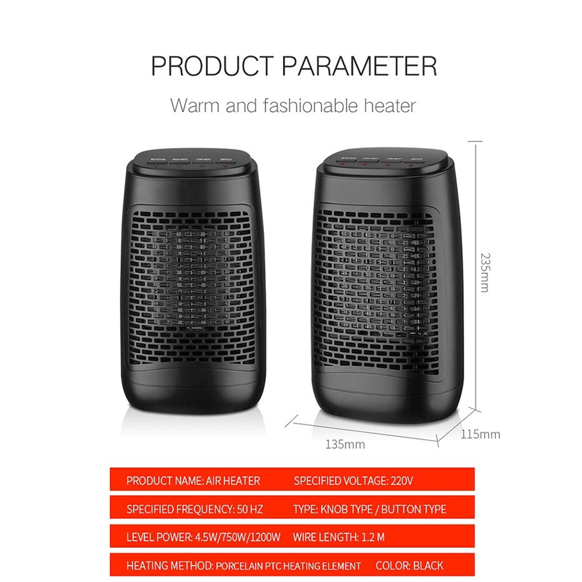 Zwei schwarze Luftheizungen mit Produktparametern: Name, Spannung, Frequenz, Leistung, Drahtlänge, Heizelement.