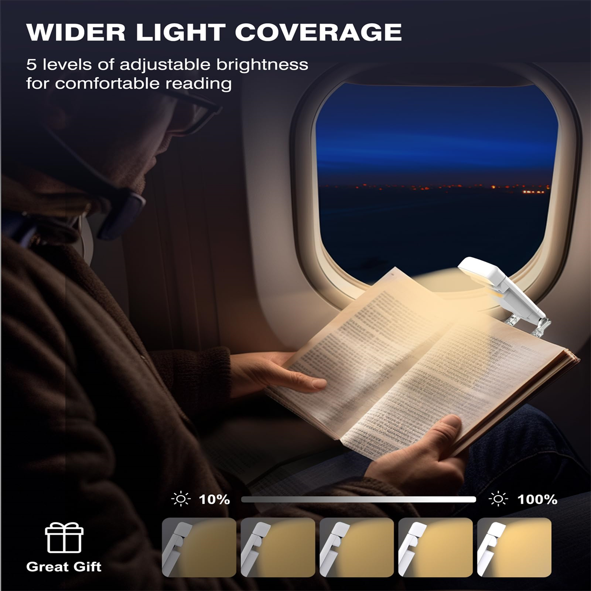 Uomo in aereo legge con luce da lettura, cinque livelli di luminosità. Finestra e cielo sullo sfondo.