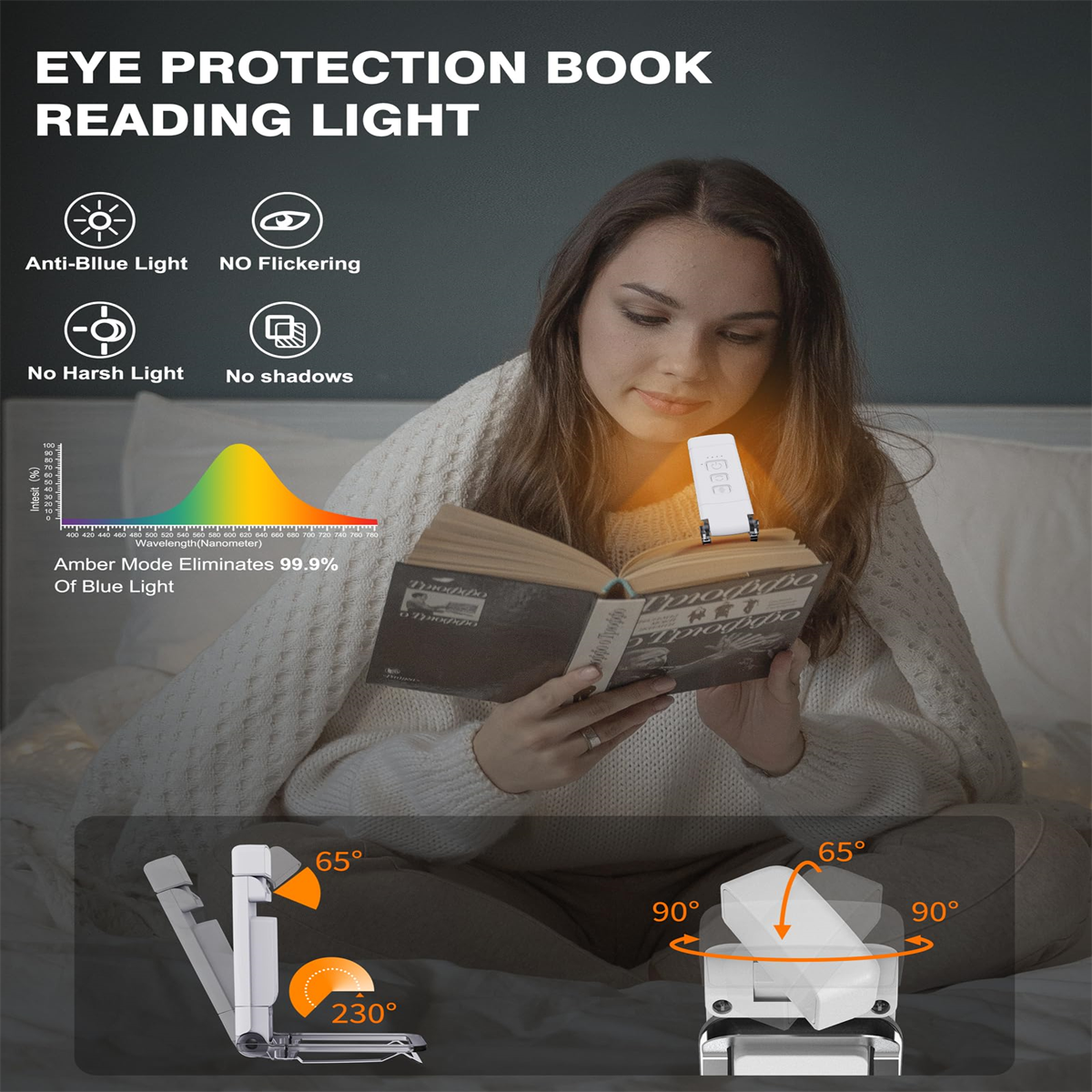 Eine Frau liest ein Buch unter einer Leselampe. Die Lampe ist verstellbar. Text: Augenschutz-Buchleselicht.