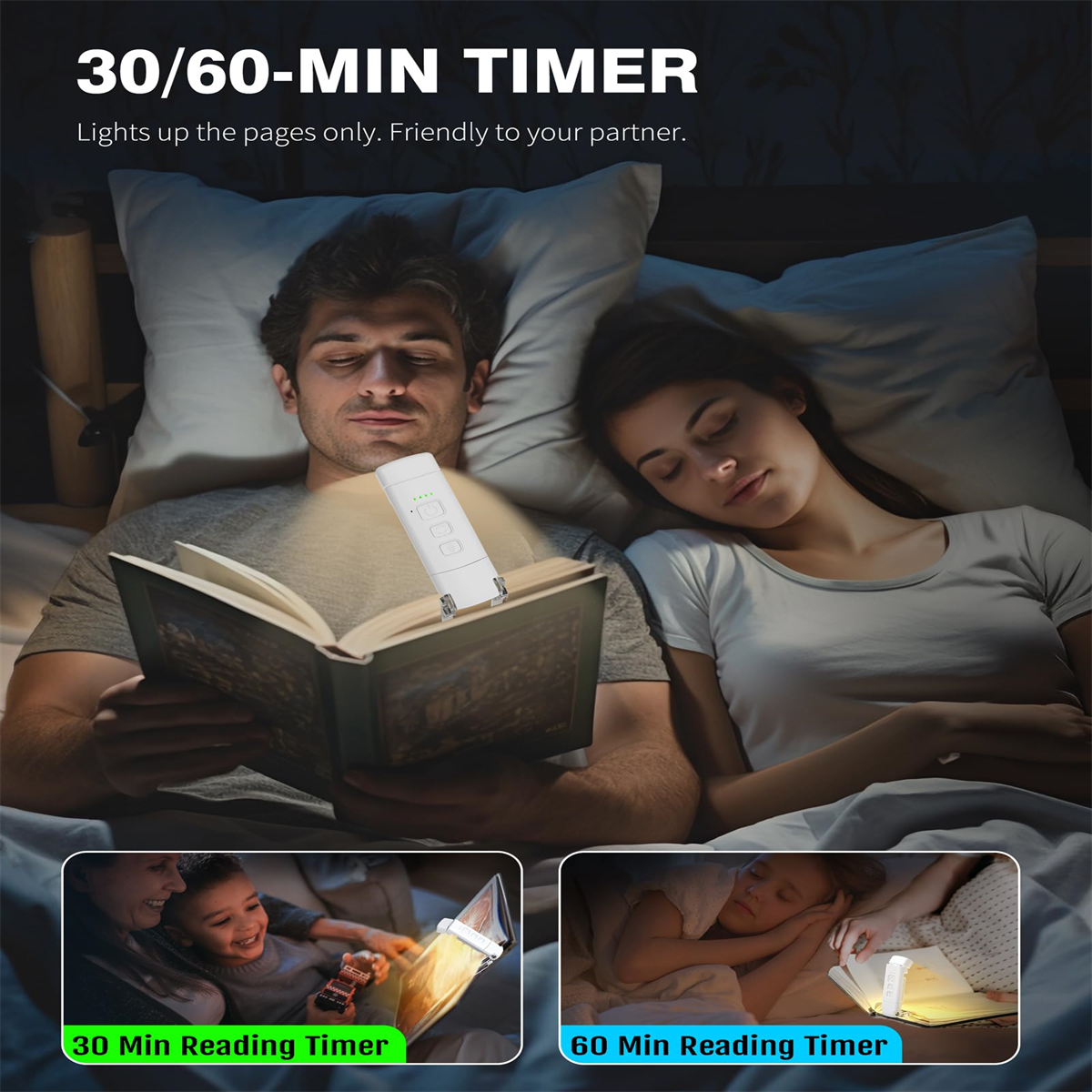 Zwei Personen lesen im Bett mit einem Leselicht, mit Illustrationen von 30/60 Minuten Lesetimern.