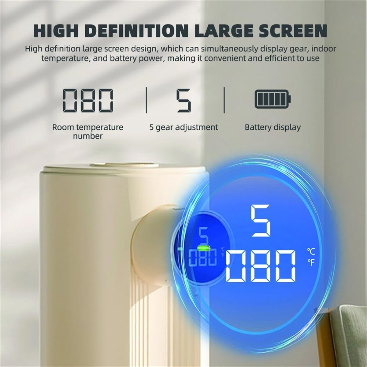 Digitalanzeige mit Temperatur und Batterie, mit blauem Lichtring.