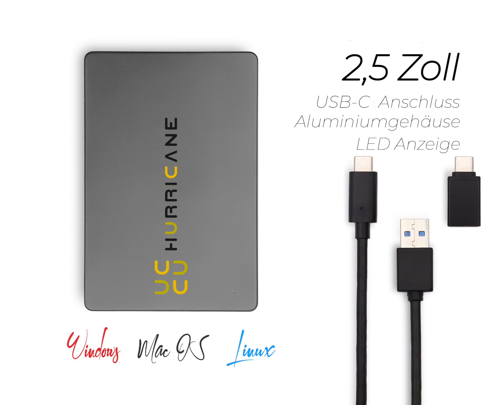 Eine graue externe Festplatte mit USB-C-Kabel und zwei USB-Kabeln. Die Box hat Text.