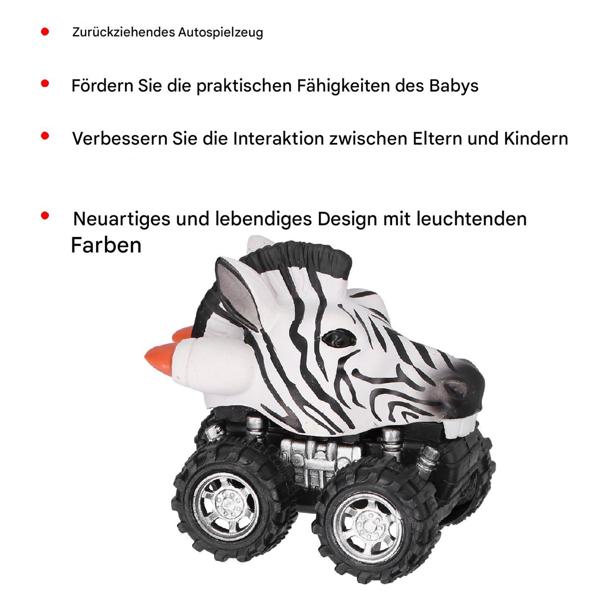 Ein Spielzeugzebra auf einem Monstertruck. Schwarz-Weiß-Zebradruck. Rote und schwarze Räder.