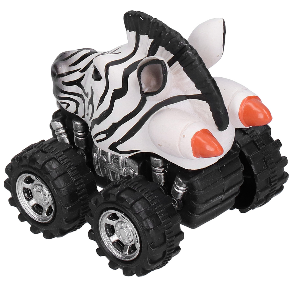Zebra-Spielzeugauto mit großen Rädern. Weiße und schwarze Streifen, orangefarbene Akzente.
