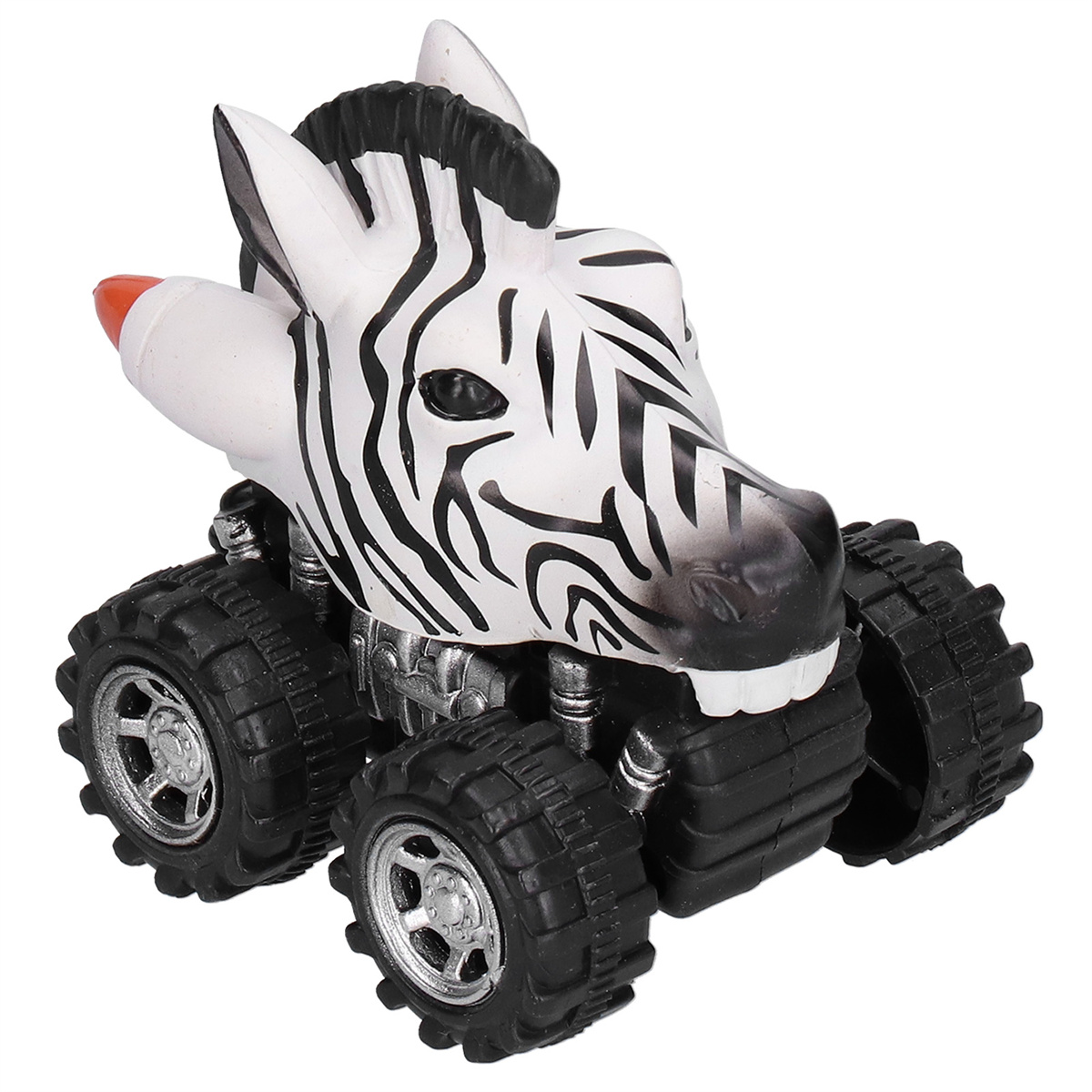 Ein Spielzeug-Zebra-Monstertruck mit schwarz-weißen Streifen, schwarzen Rädern und einer roten Rakete.