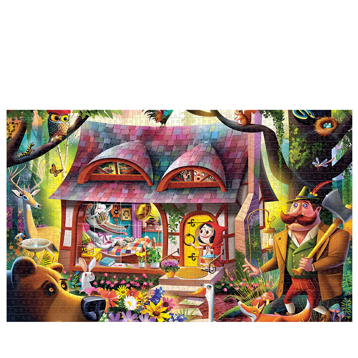 Puzzle colorato mostra una casa con una ragazza, un lupo e un uomo con un'ascia. Animali e piante visibili.