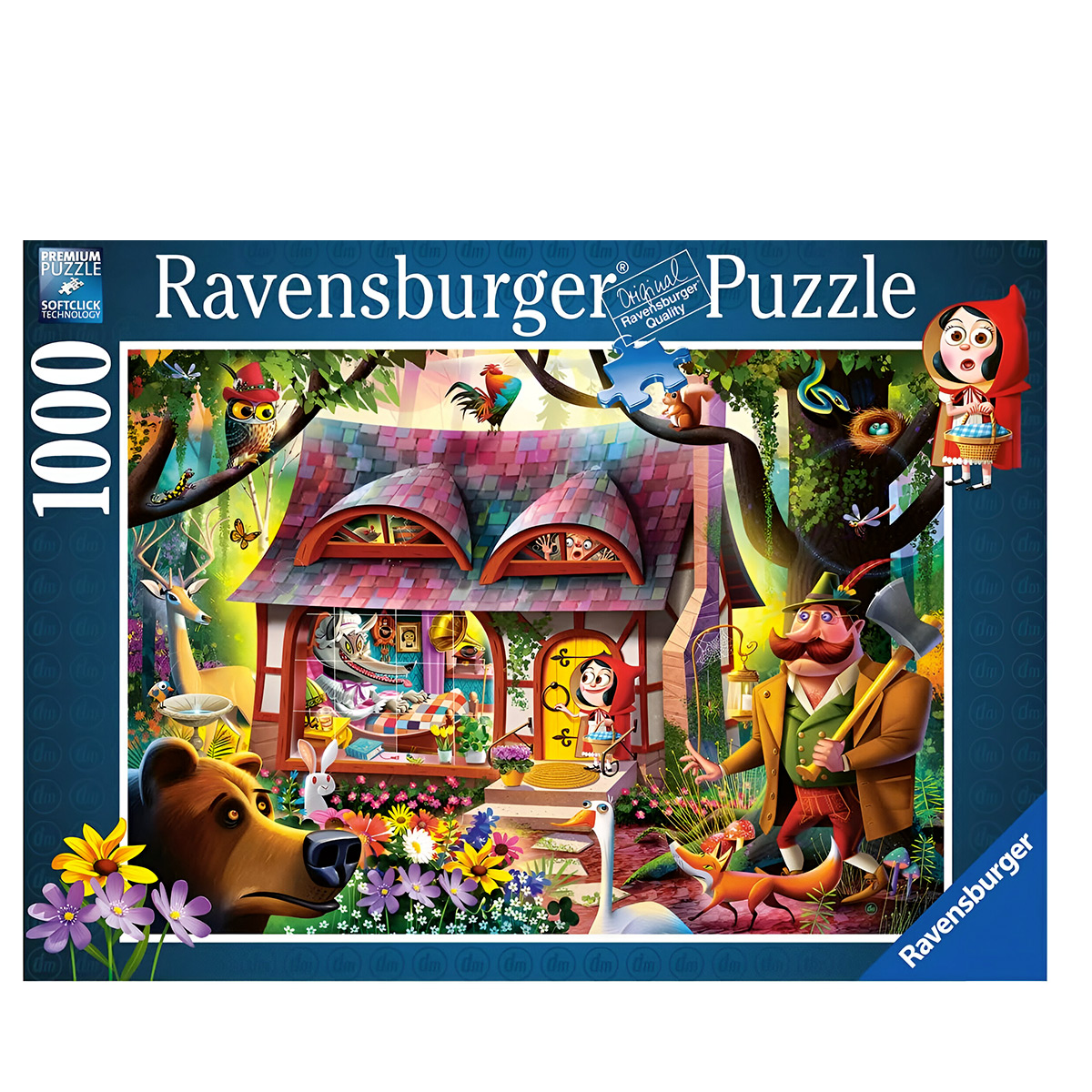 Scatola puzzle Ravensburger che mostra una casa delle fiabe. Il puzzle ha 1000 pezzi.