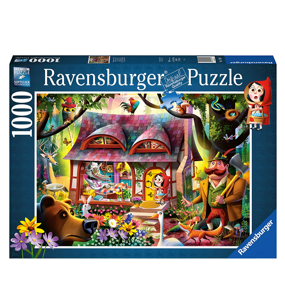 Scatola puzzle Ravensburger da 1000 pezzi. Raffigura una colorata scena fiabesca.