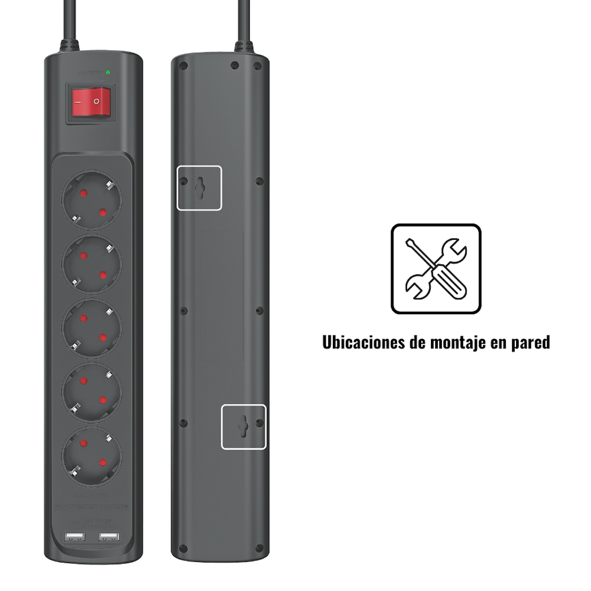 Una regleta gris con múltiples enchufes, un interruptor rojo y un pequeño puerto USB.