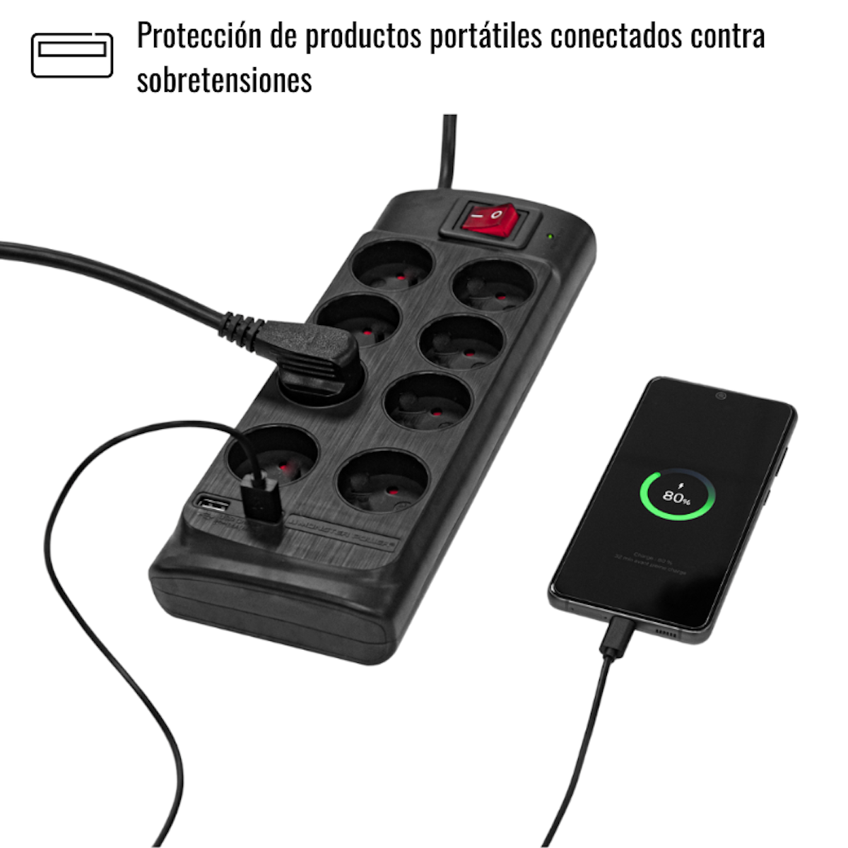 Una regleta negra cargando un teléfono con un cable. El teléfono muestra un 80% de carga.