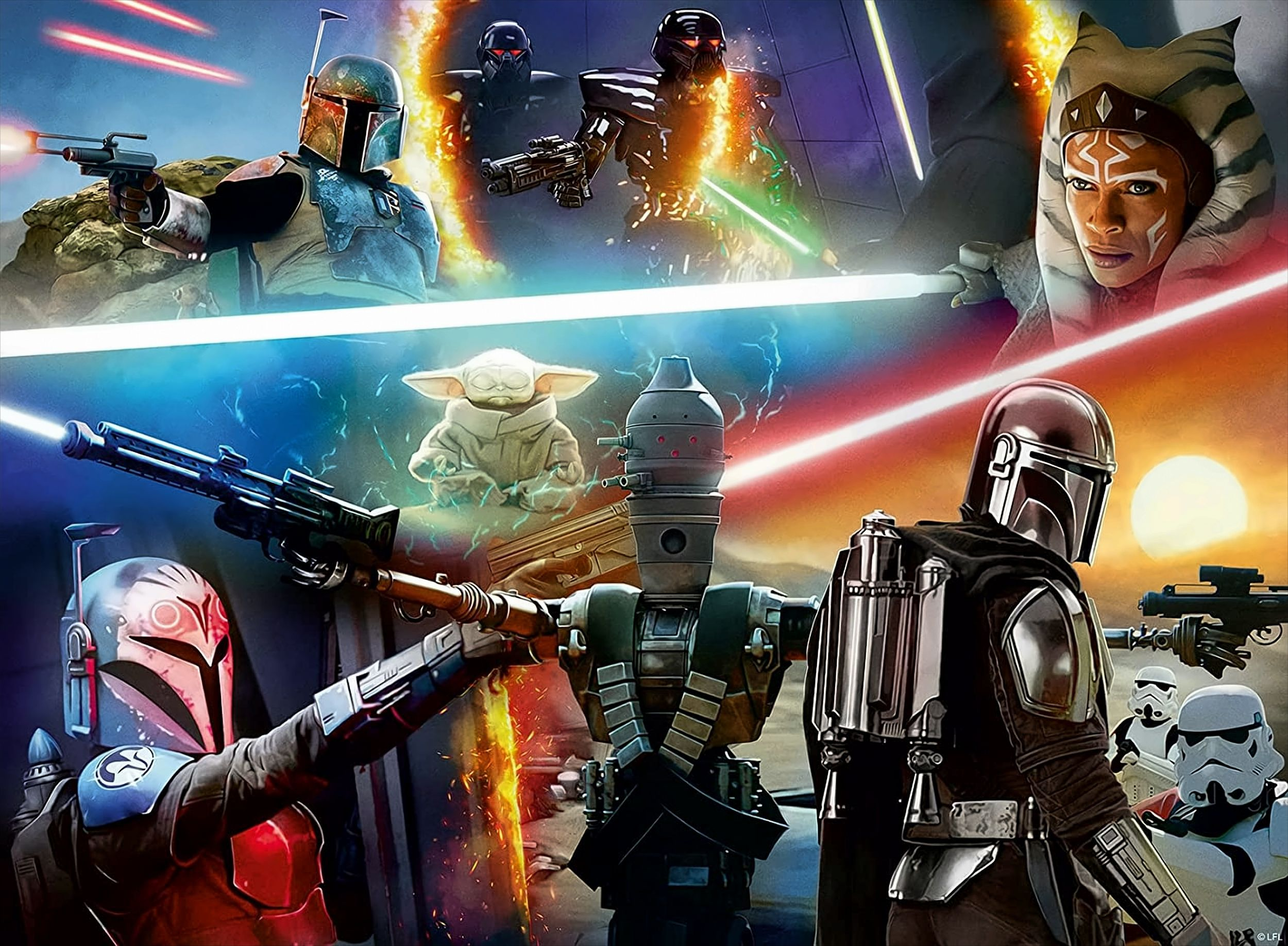 Scena z Gwiezdnych Wojen z wieloma postaciami, w tym Mandalorianinem, Grogu i Ahsoką Tano.