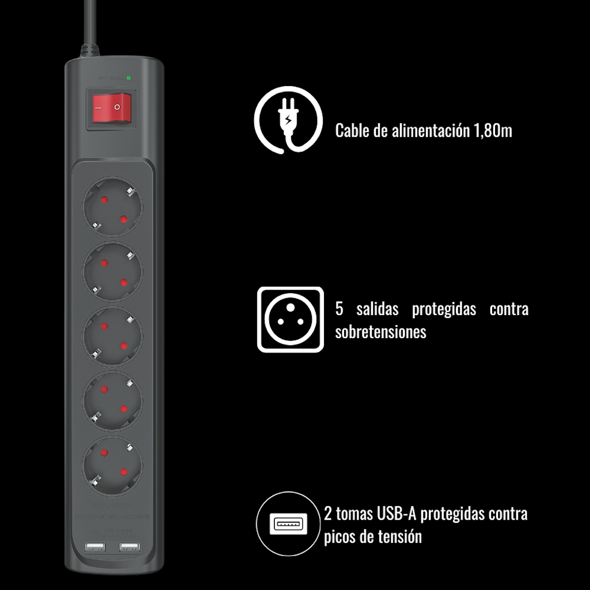 Una regleta gris oscuro con múltiples enchufes y puertos USB.