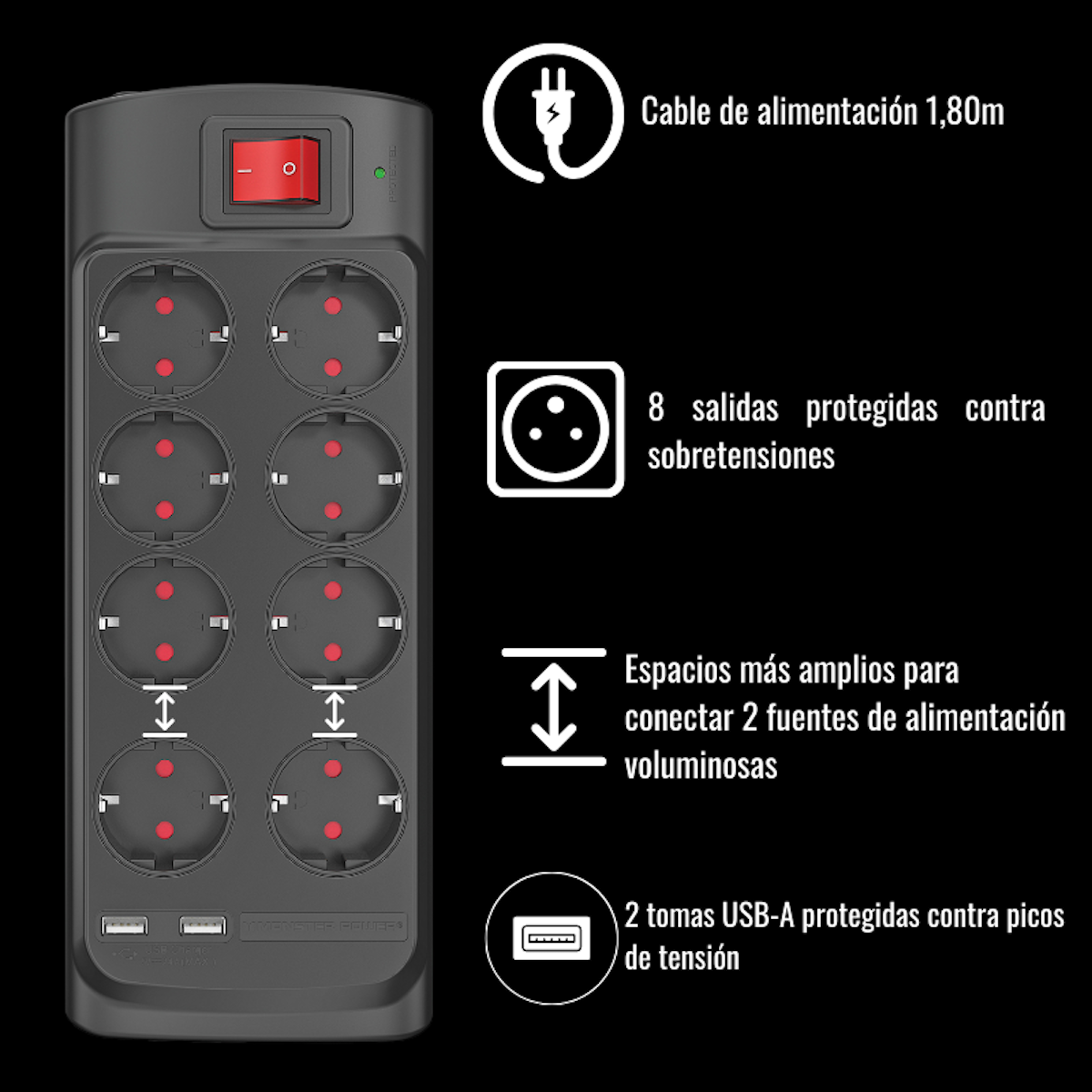Una regleta negra con múltiples enchufes, un interruptor de encendido/apagado y puertos USB. Las etiquetas de información son visibles.