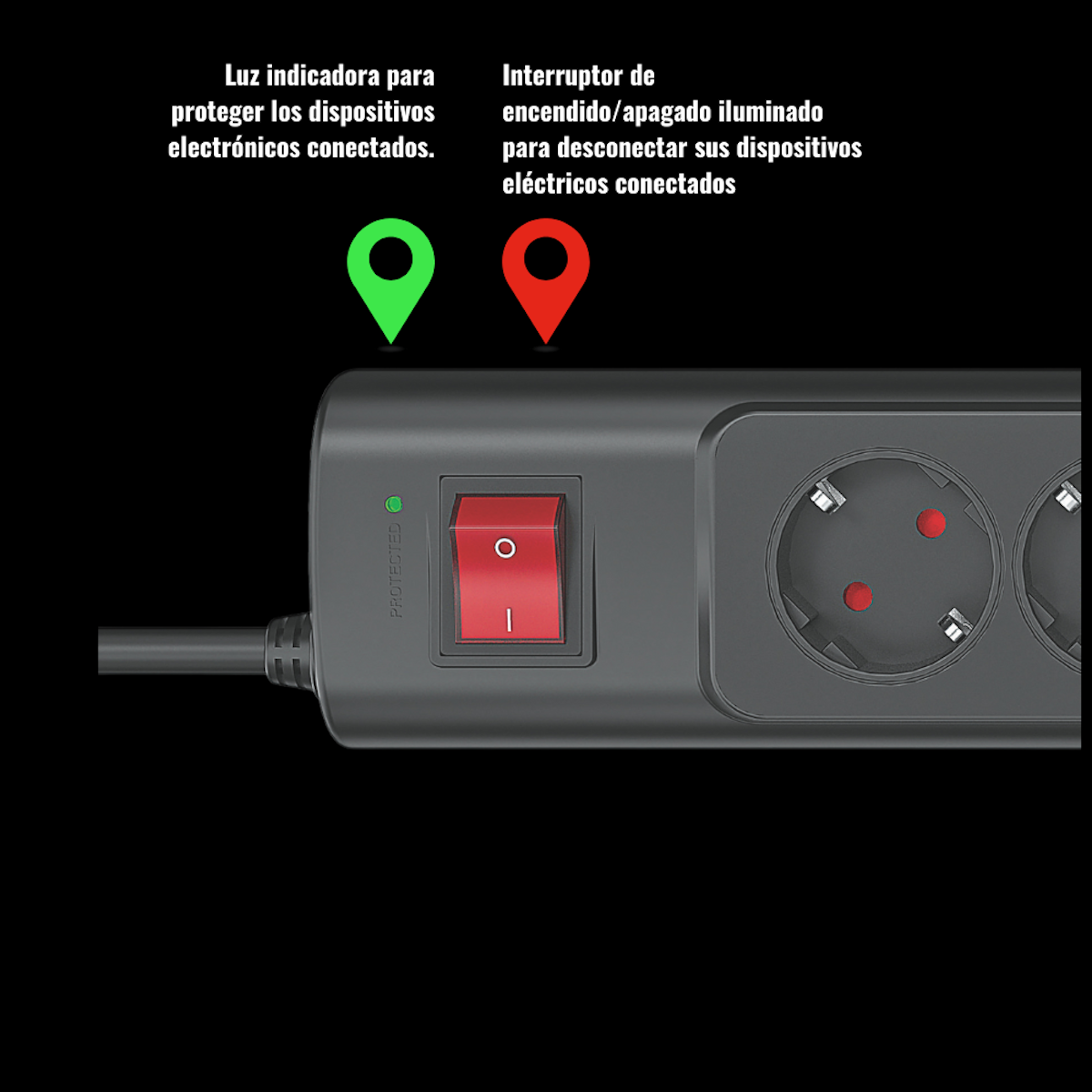 Una regleta con un interruptor rojo y luces indicadoras, etiquetada para protección.