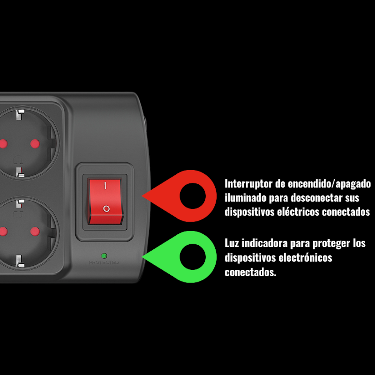 Un enchufe con un interruptor rojo y una luz verde. Texto en español indica encendido/apagado y estado protegido.