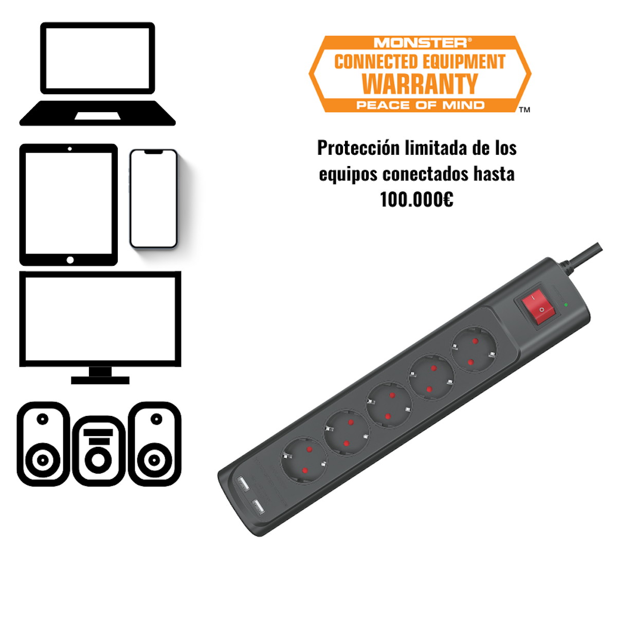 Una regleta con múltiples enchufes e información de garantía.