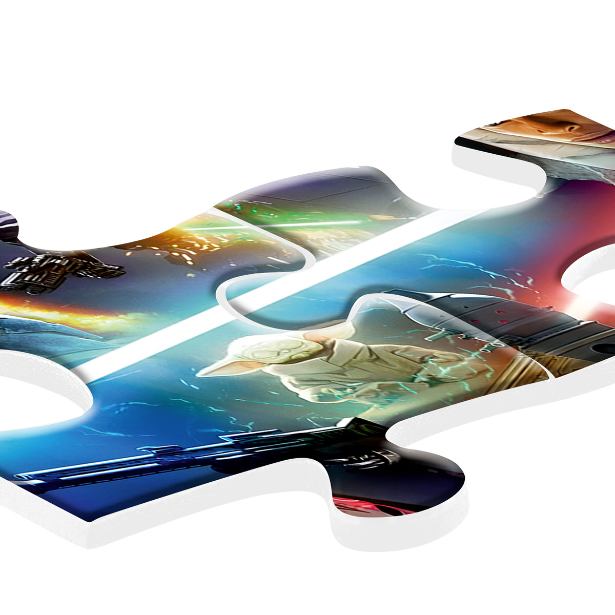 Element układanki ze sceną z Gwiezdnych Wojen. Zawiera miecz świetlny, Yodę, statek kosmiczny i inne elementy.