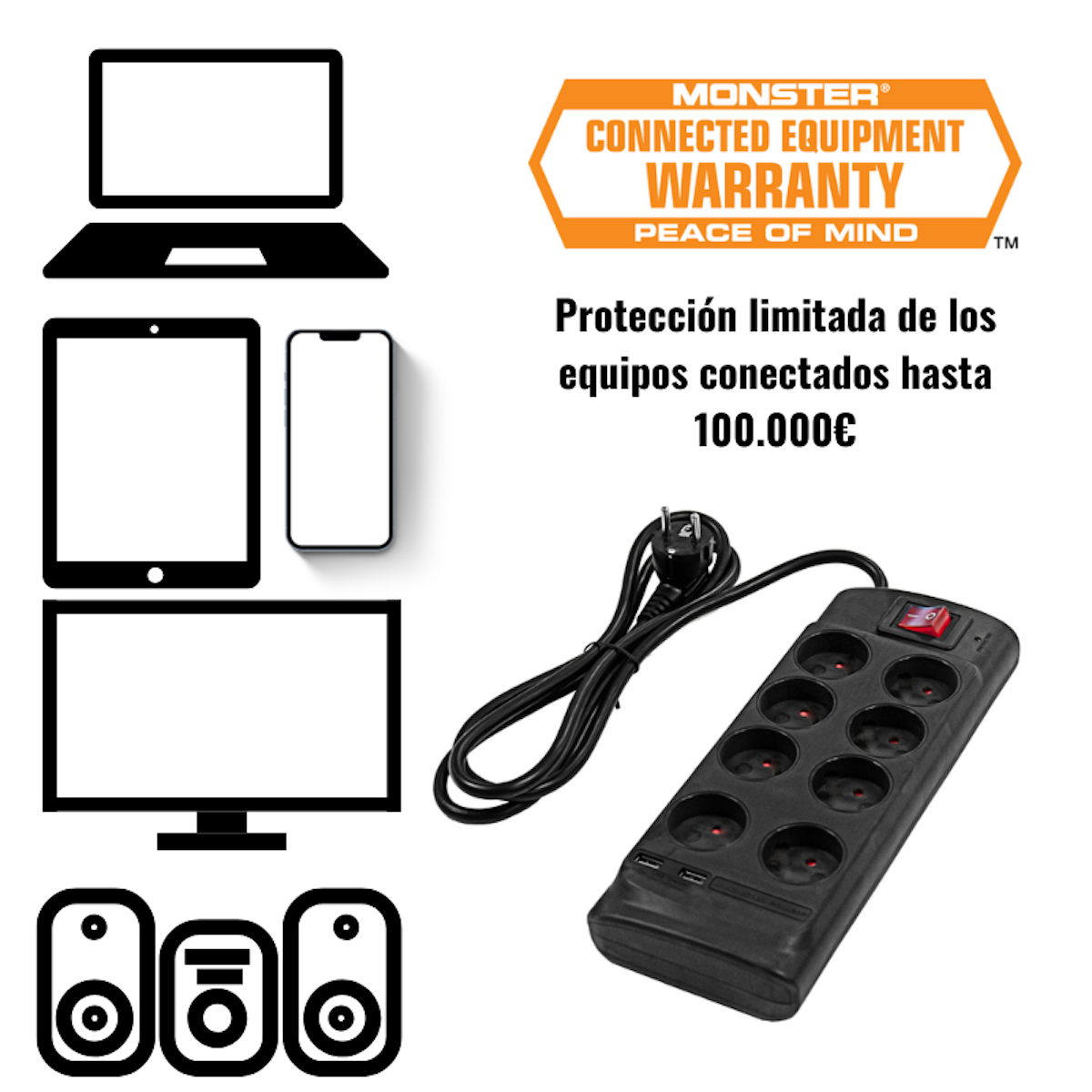 Una regleta con múltiples dispositivos, información de garantía y fondo blanco.