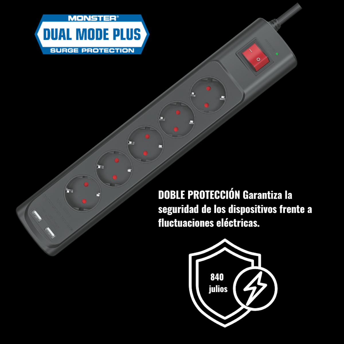 Regleta negra con enchufes, botón rojo y etiqueta de protección contra sobretensiones.