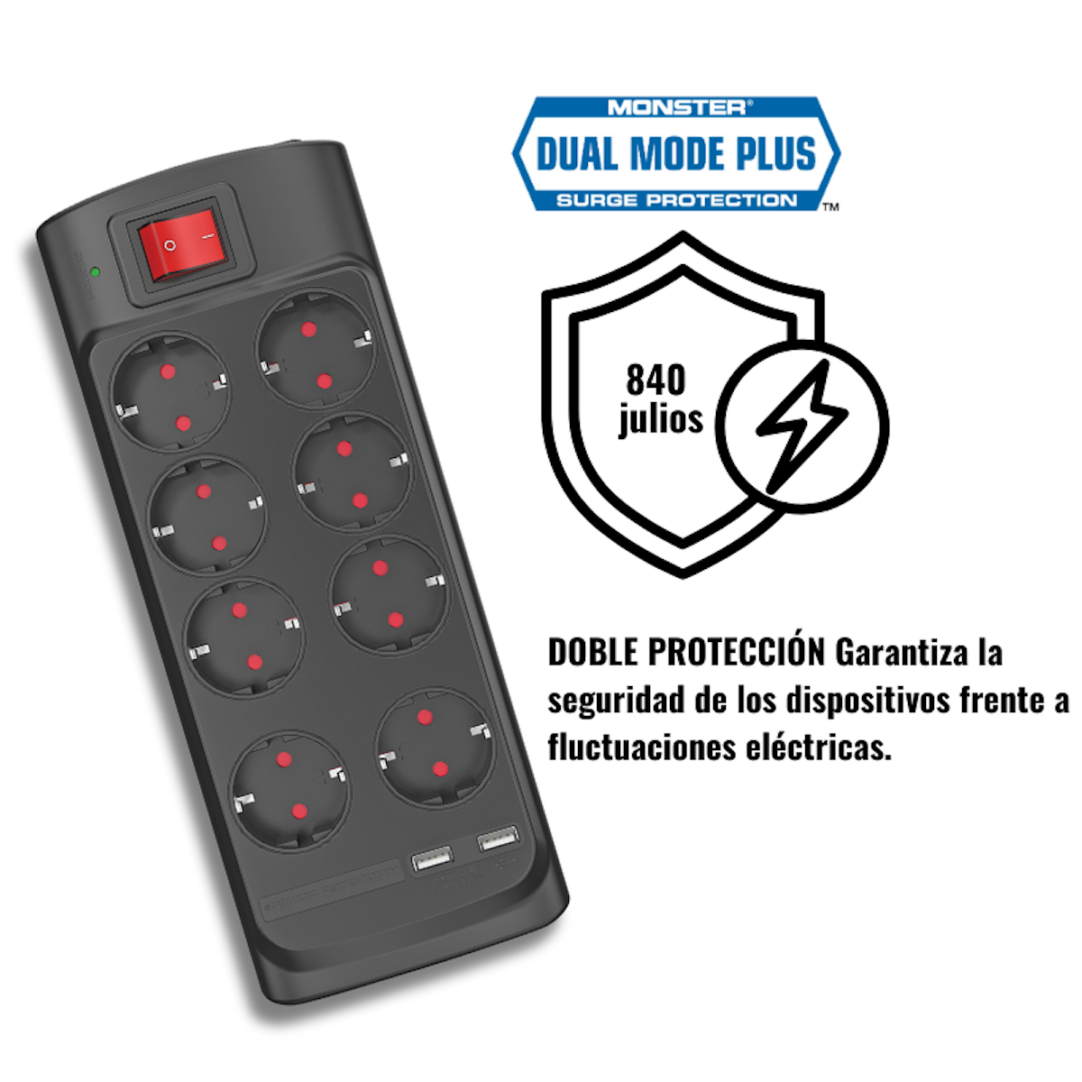 Regleta negra con 6 enchufes y protección contra sobretensiones. Texto 'Dual Mode Plus'.