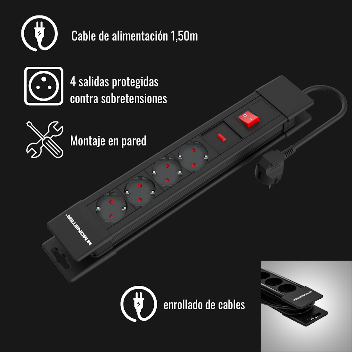 Regleta negra con 4 enchufes, un interruptor rojo y un cable. Detalles de texto a la izquierda.