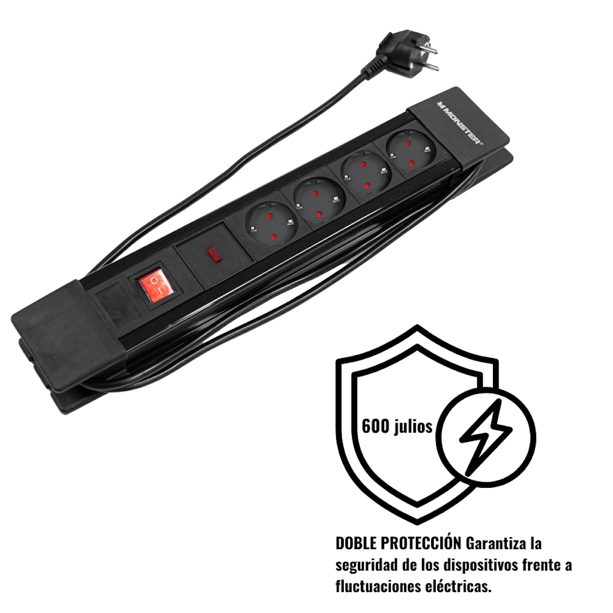 Regleta negra con múltiples enchufes, un botón de encendido y un gráfico de escudo de seguridad.