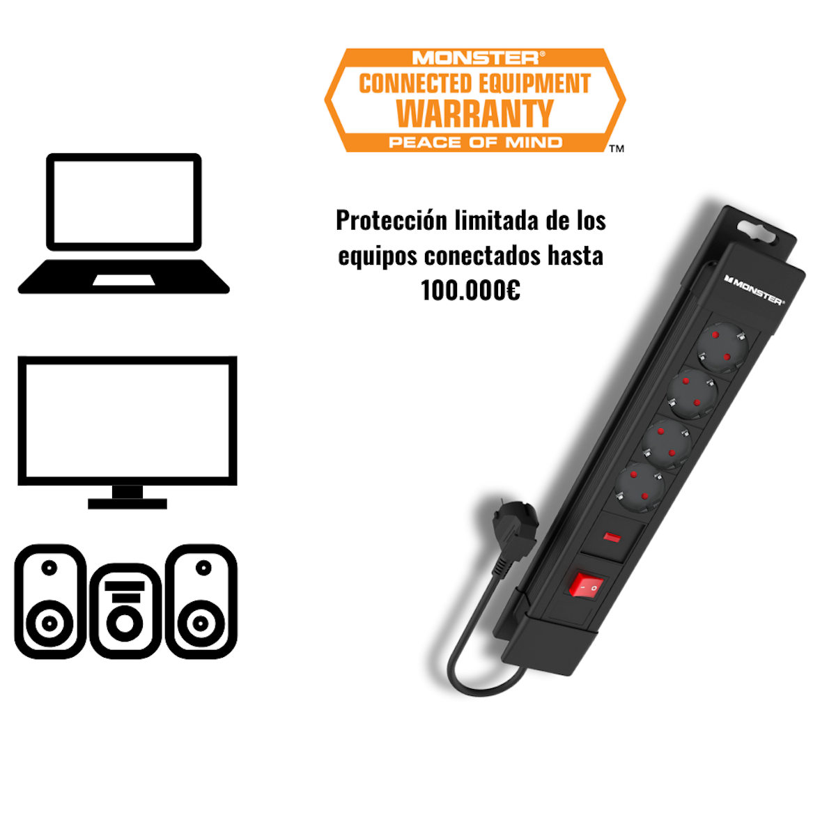 Una regleta con diseño negro y botón de encendido rojo, con iconos relacionados.