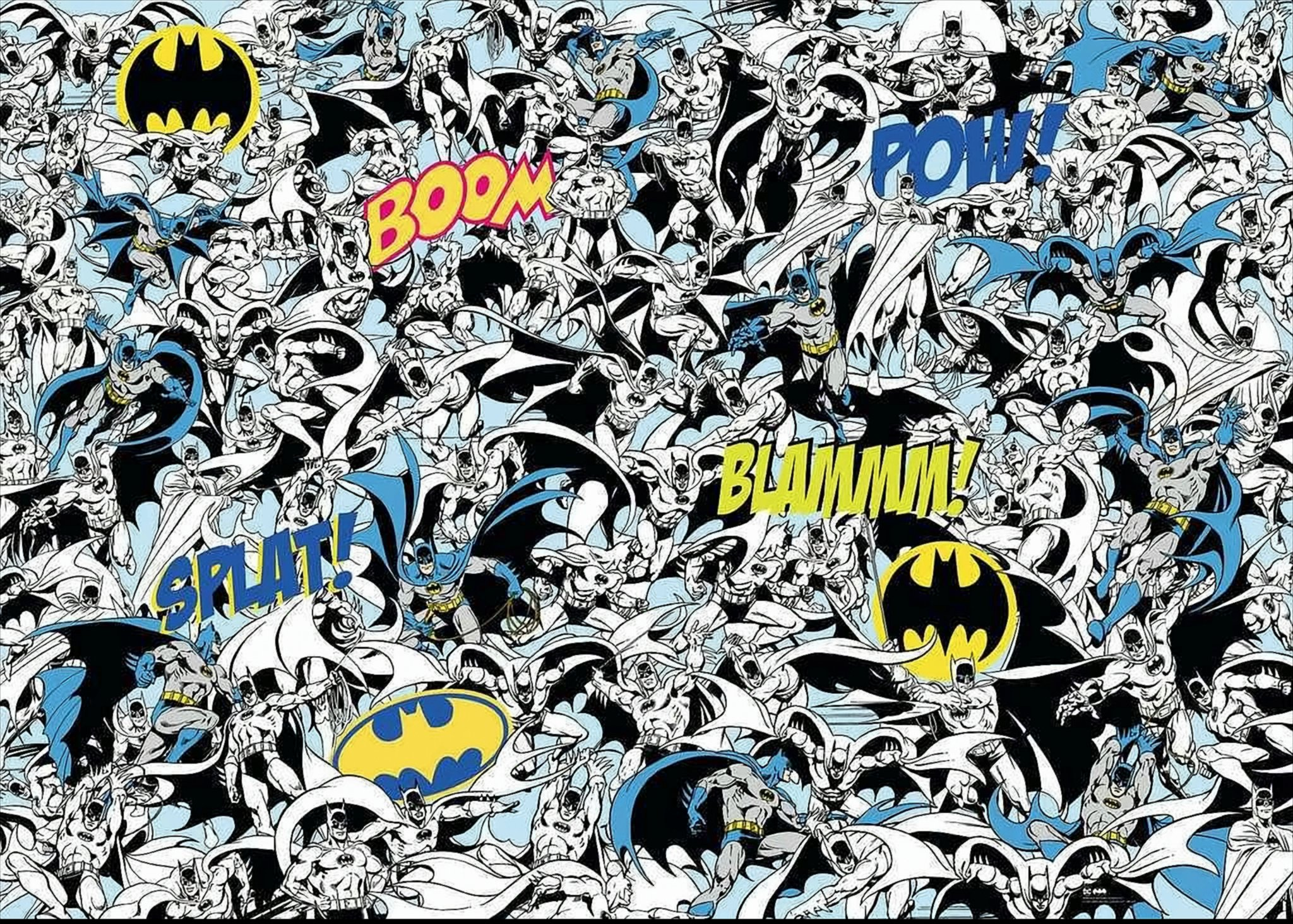Puzzle z komiksu o Batmanie z wieloma postaciami Batmana i słowami akcji.