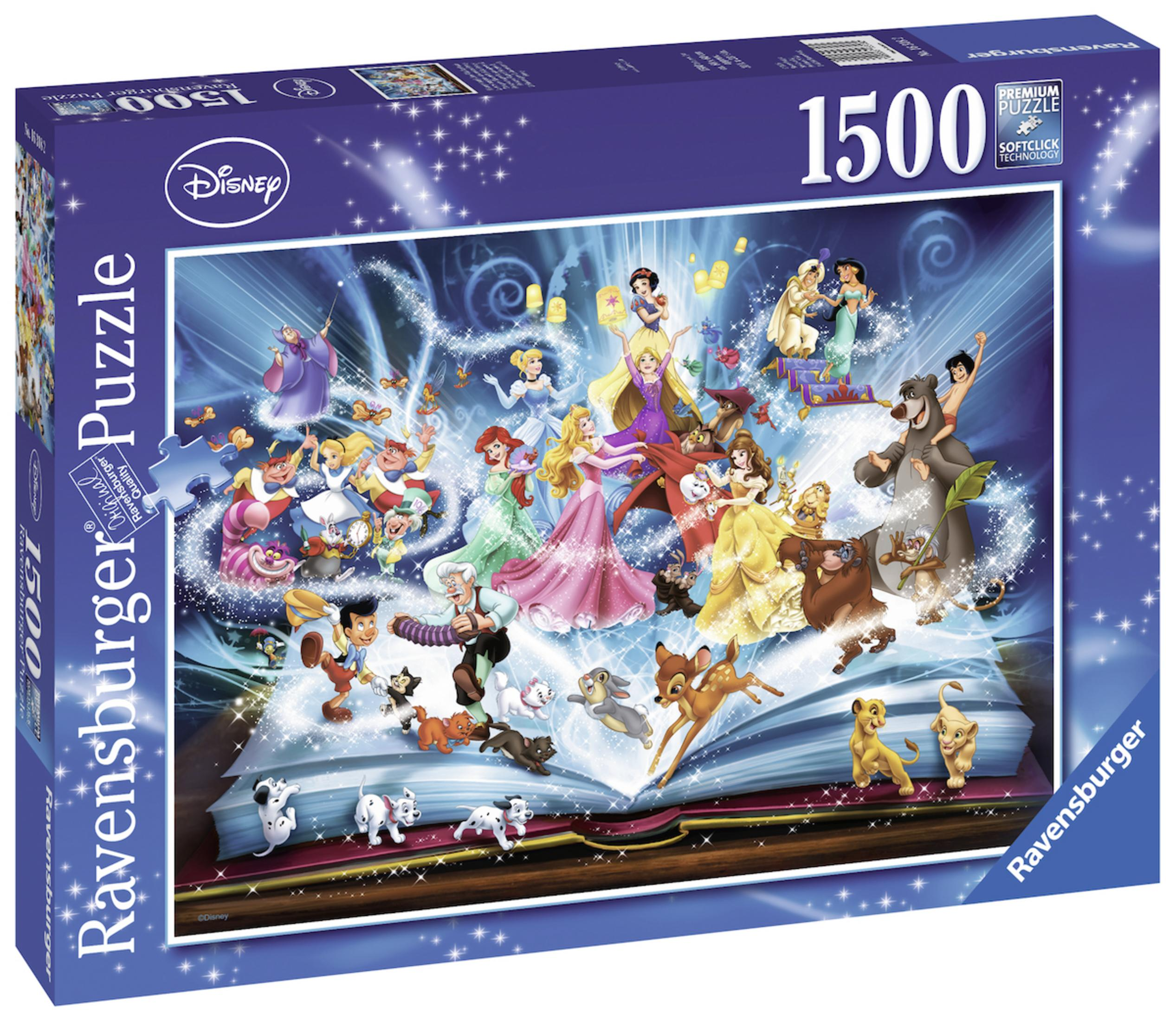 Eine Disney-Puzzlebox mit vielen Charakteren, blaue Box und weißer Hintergrund.