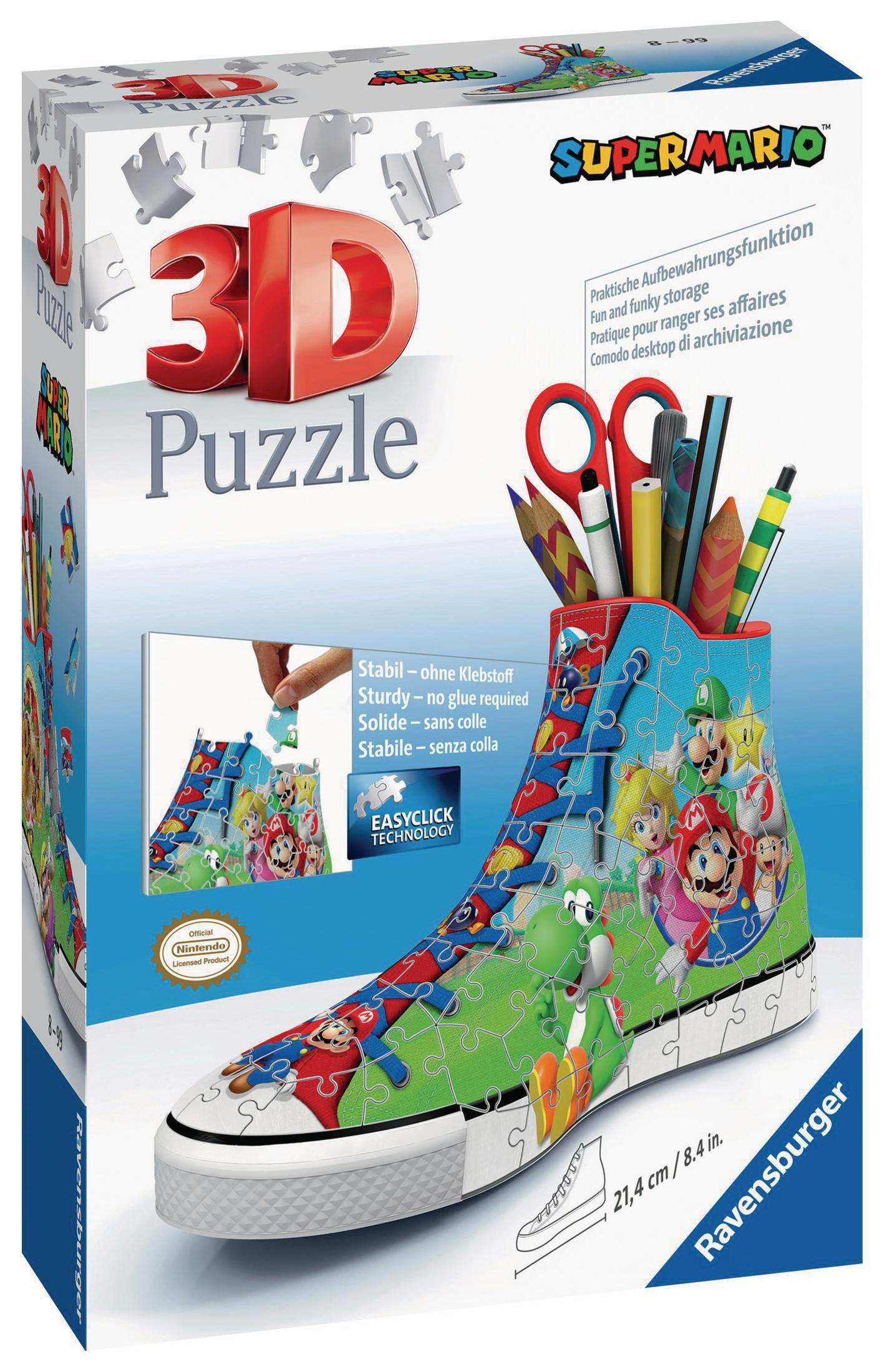 Pudełko z puzzlami 3D w kształcie buta z postaciami Super Mario i akcesoriami w środku.