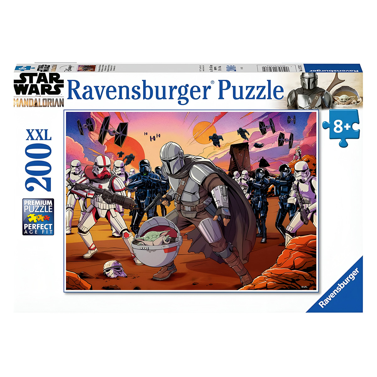 Pudełko z puzzlami Star Wars Mandalorian 200 elementów z wizerunkami postaci i białym tłem.