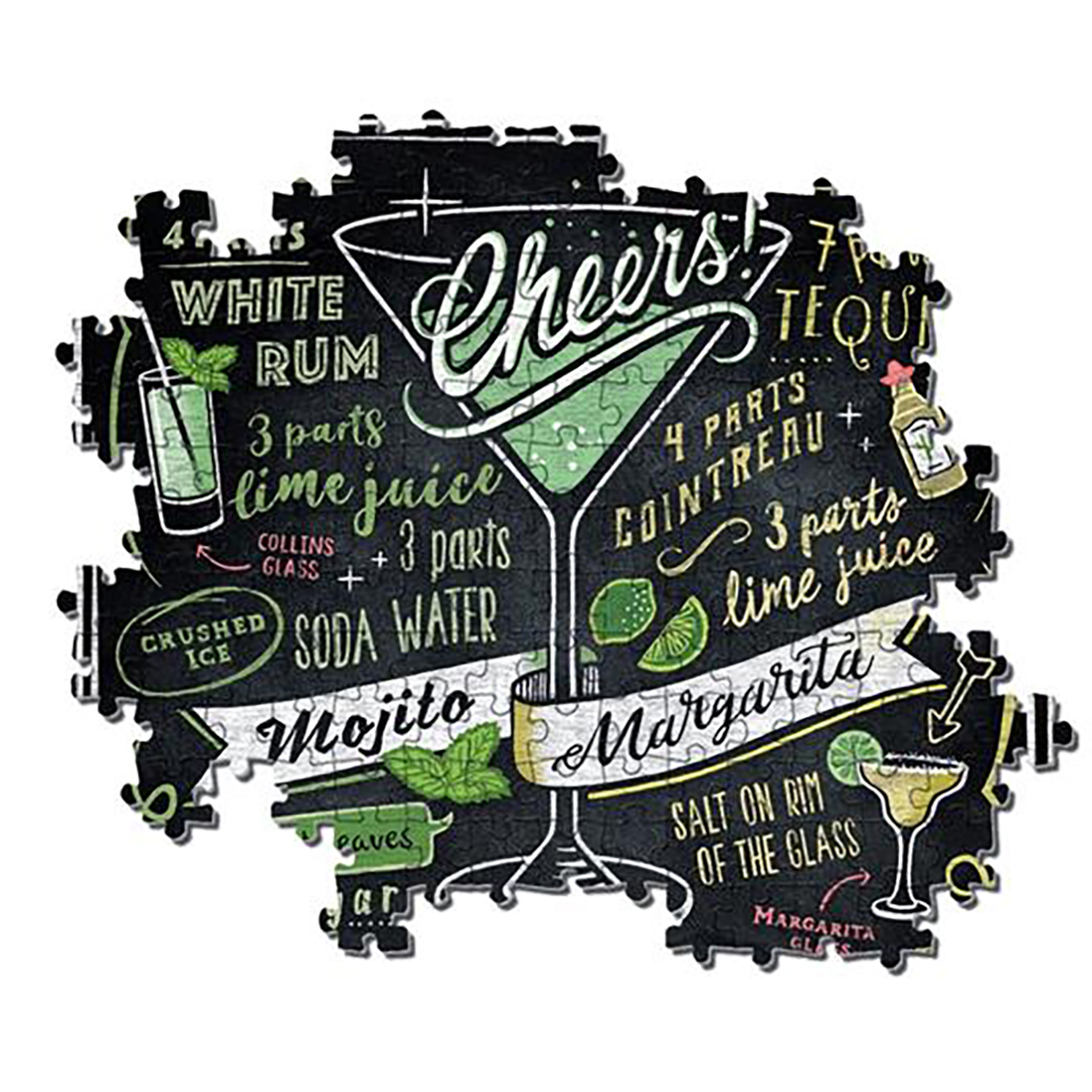 Un puzzle di una ricetta di cocktail con la parola 'Cheers' e ingredienti come rum e succo di lime.