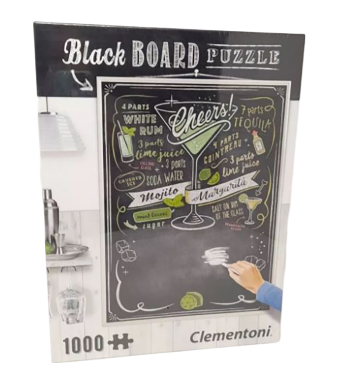 Un puzzle lavagna mostra una ricetta per cocktail mojito e margarita con ingredienti e passaggi, su sfondo bianco.