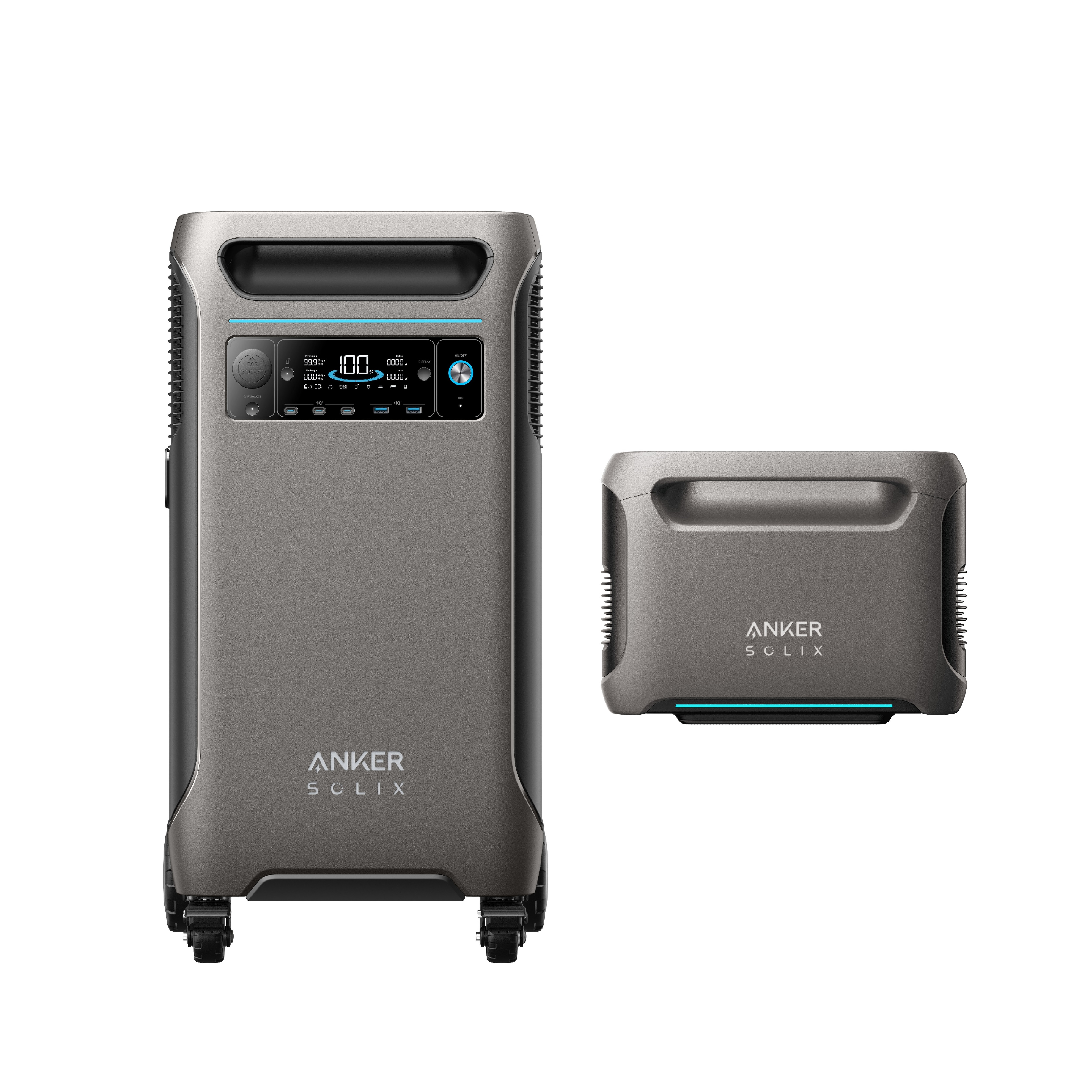 Dwie szare elektrownie. Jedna wysoka i pionowa z kołami, druga mniejsza i kwadratowa.