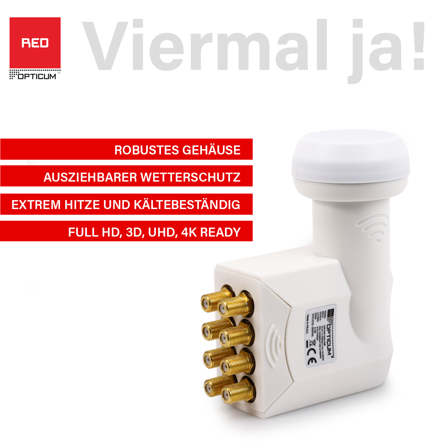 Weißes LNB mit goldenen Anschlüssen und Text, mit rotem Banner. Weißer Hintergrund.