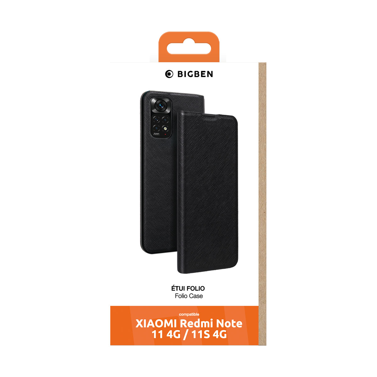 Custodia nera per telefono in una scatola, etichettata 'ÉTIUI FOLIO', per Xiaomi Redmi Note 11 4G/11S 4G.