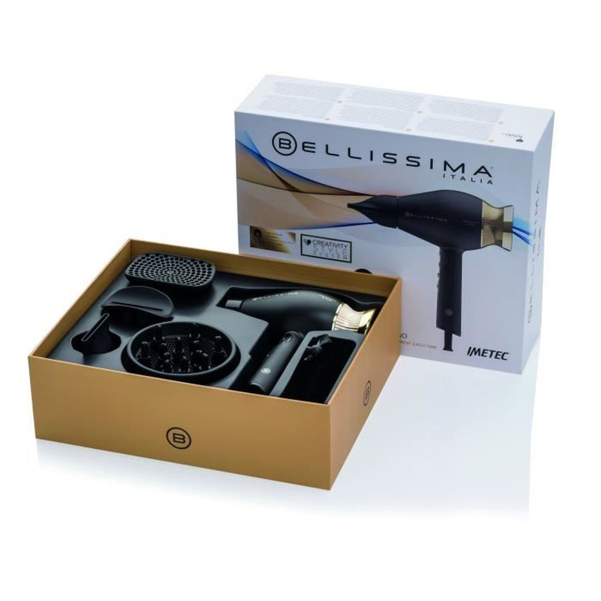 Suszarka do włosów w pudełku, z akcesoriami. Pudełko jest otwarte i pokazuje produkt.