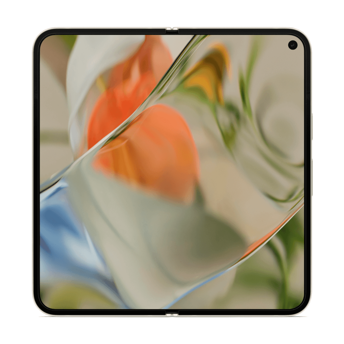 Składany telefon z abstrakcyjnym wzorem na ekranie, pokazujący kolory pomarańczowy i biały.