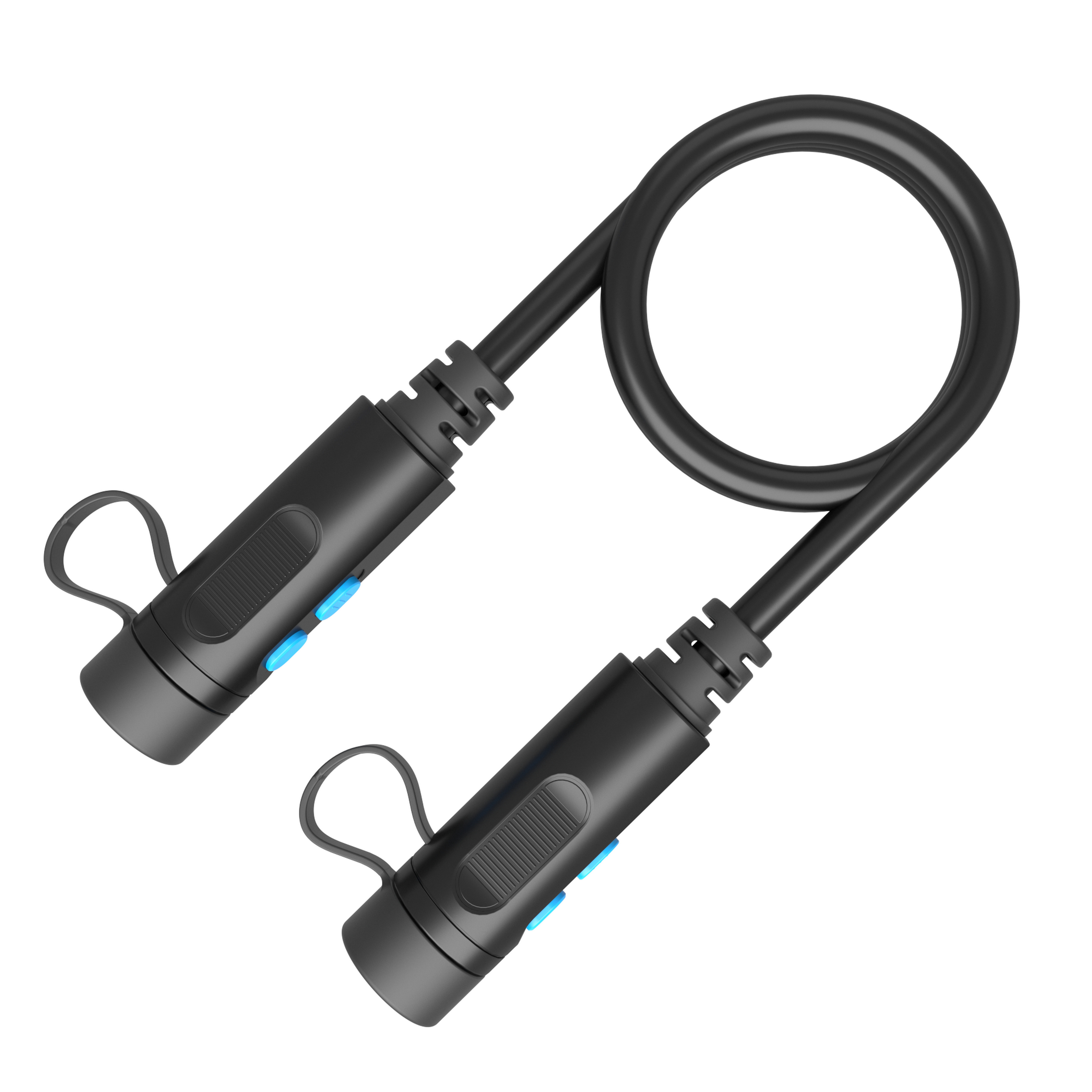 Dwa czarne kable audio z niebieskimi przyciskami, połączone zakrzywionym czarnym przewodem, na białym tle.