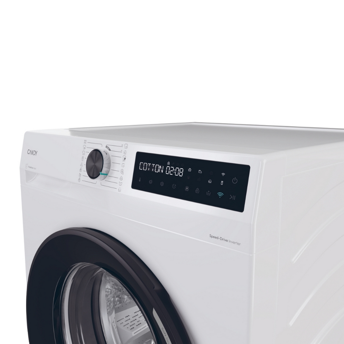 Una lavadora blanca con puerta negra y panel de control con pantalla digital.