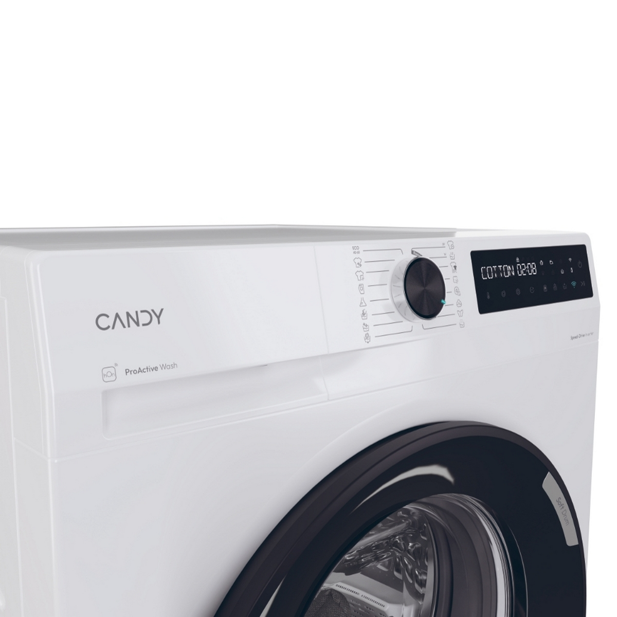 Lavadora blanca con puerta y panel de control negros. La marca es CANDY.