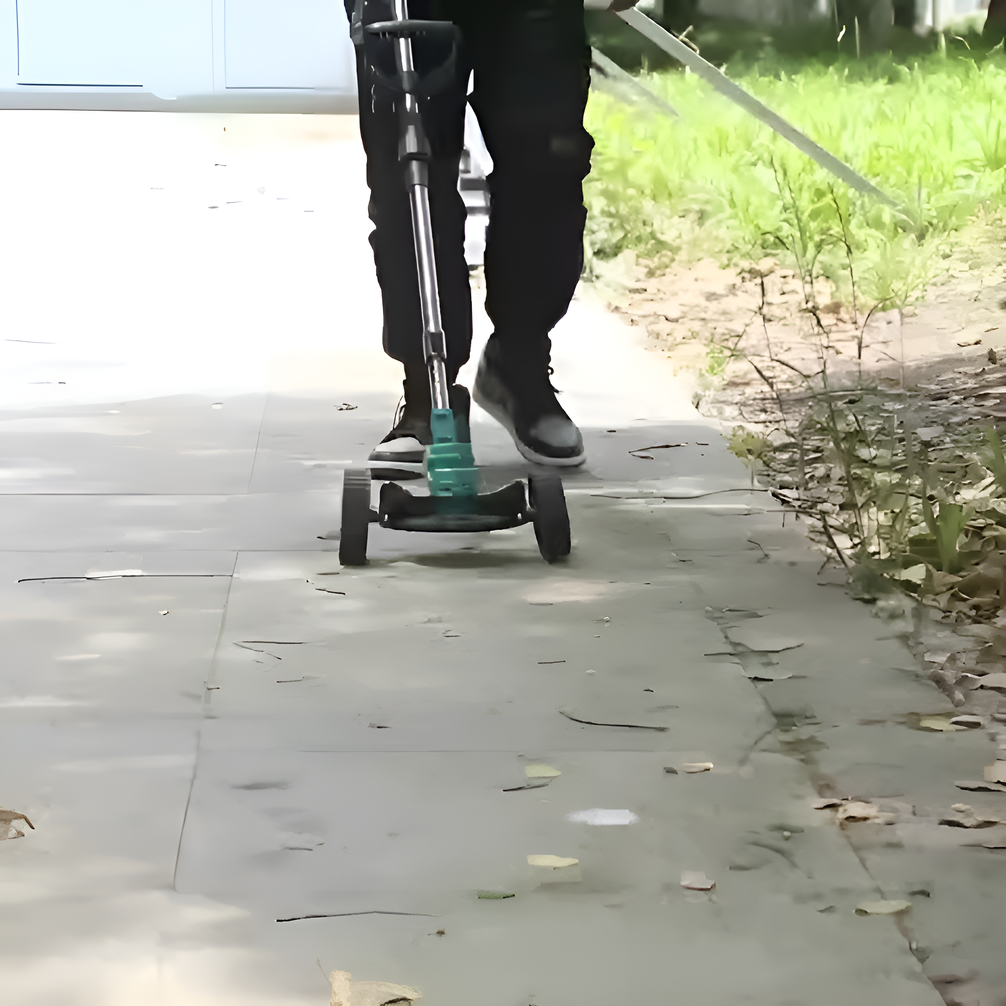 Eine Person fährt einen grünen Roller auf einer gepflasterten Oberfläche. Grünes Gras im Hintergrund.