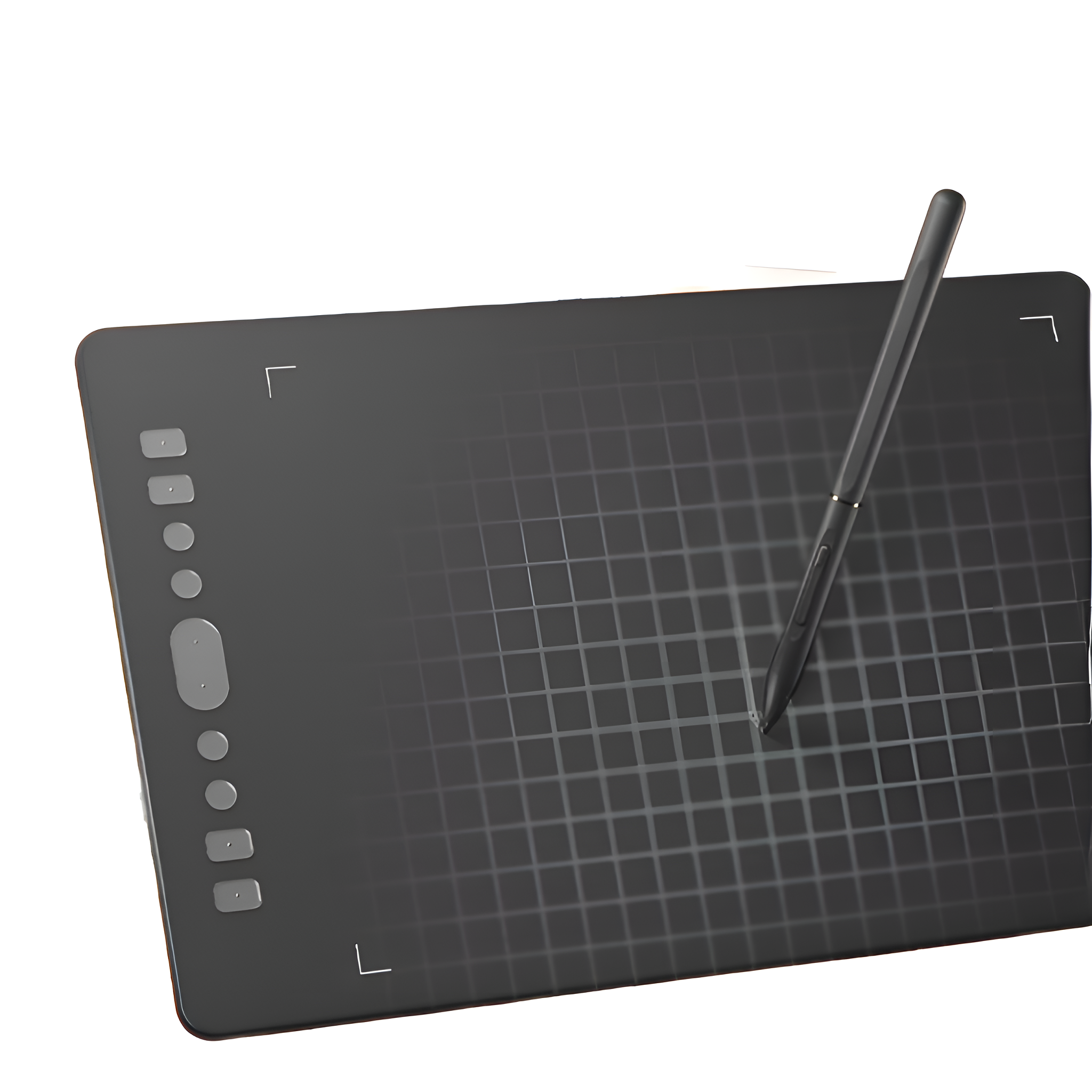 Schwarzes Grafiktablett mit Stift auf weißem Hintergrund.