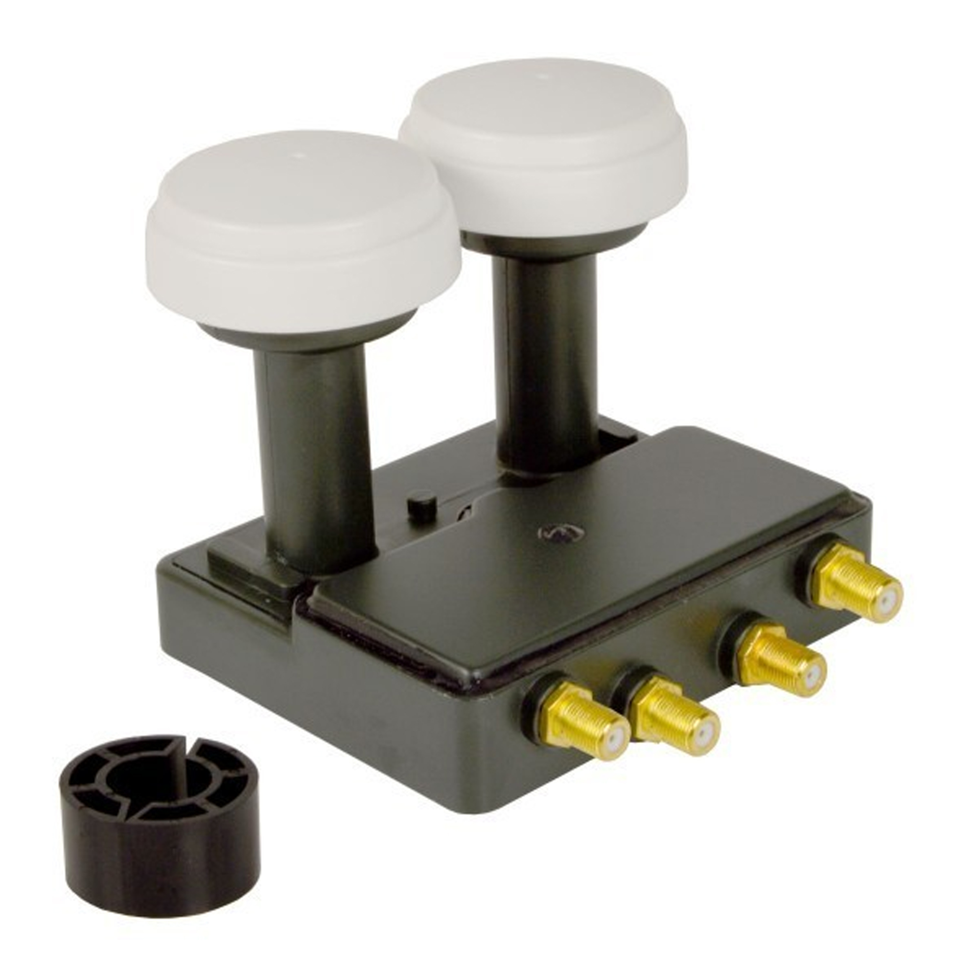 Schwarzer Satelliten-LNB mit zwei weißen Kuppeln, schwarzer Box und Goldsteckern.