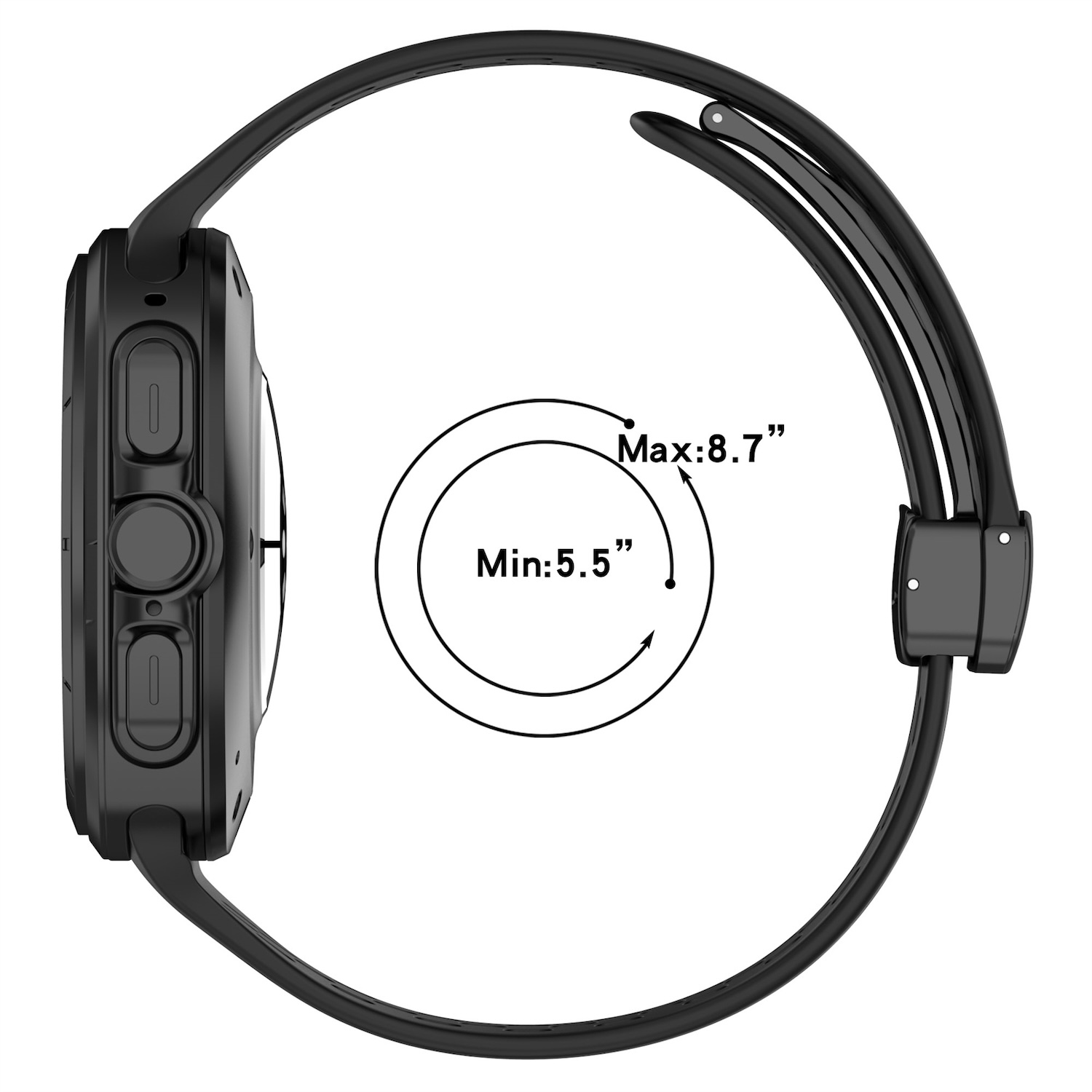 Schwarze Smartwatch mit schwarzem Armband. Zeigt minimale und maximale Umfanggrößen.